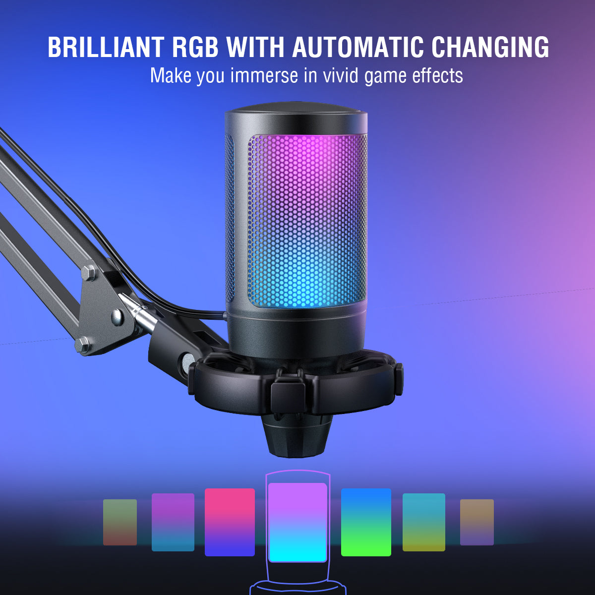 USB Gaming Microphone Kit featuring a cardioid mic, RGB lighting, and adjustable arm stand, perfect for PC and PS4/5 gaming.