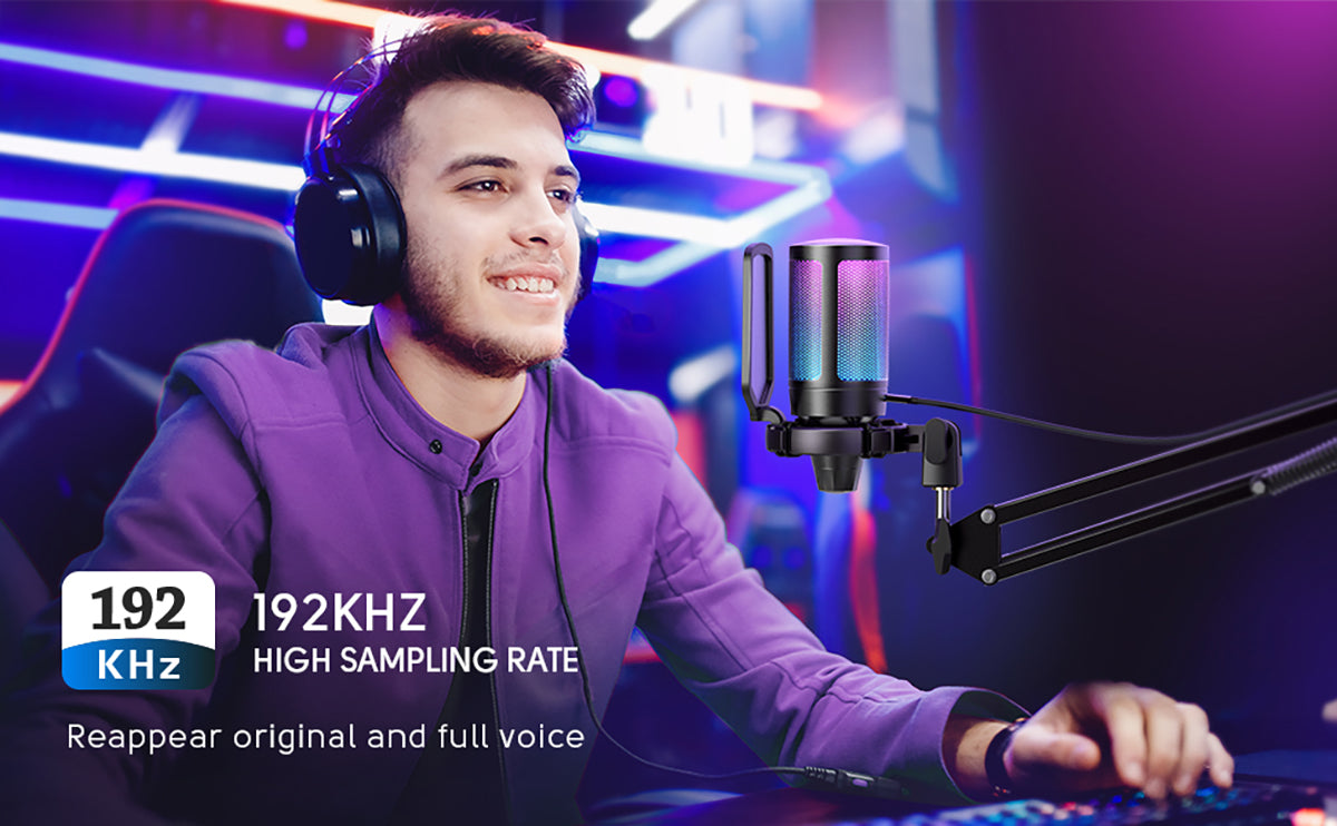 USB Gaming Microphone Kit featuring a cardioid mic, RGB lighting, and adjustable arm stand, perfect for PC and PS4/5 gaming.