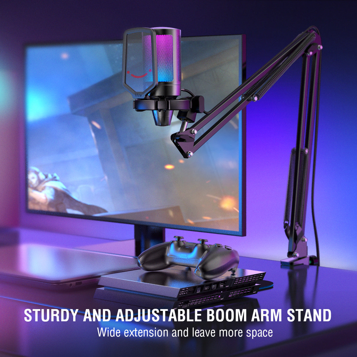 USB Gaming Microphone Kit featuring a cardioid mic, RGB lighting, and adjustable arm stand, perfect for PC and PS4/5 gaming.