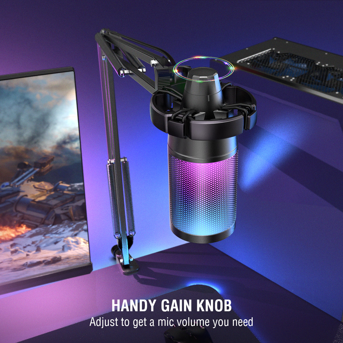 USB Gaming Microphone Kit featuring a cardioid mic, RGB lighting, and adjustable arm stand, perfect for PC and PS4/5 gaming.