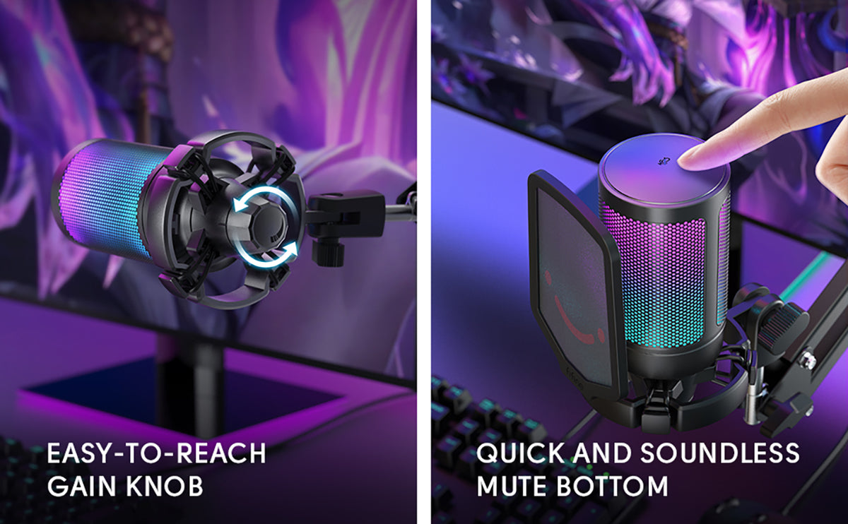 USB Gaming Microphone Kit featuring a cardioid mic, RGB lighting, and adjustable arm stand, perfect for PC and PS4/5 gaming.