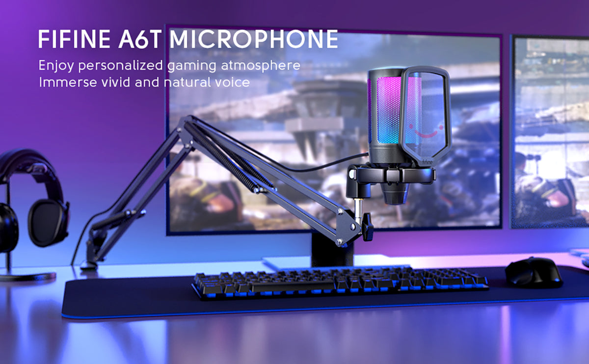 USB Gaming Microphone Kit featuring a cardioid mic, RGB lighting, and adjustable arm stand, perfect for PC and PS4/5 gaming.