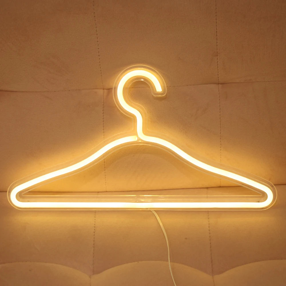 USB LED Neon Light Hanger in vibrant colors, showcasing a stylish coat hanger design with transparent acrylic backing.