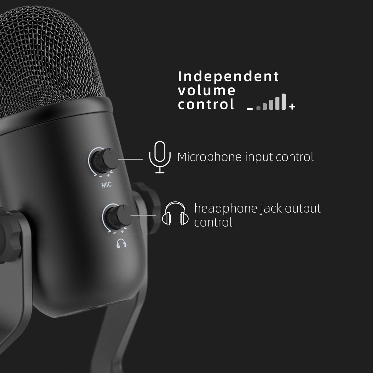 USB microphone designed for recording, streaming, and gaming with a sleek tabletop design and headphone output.