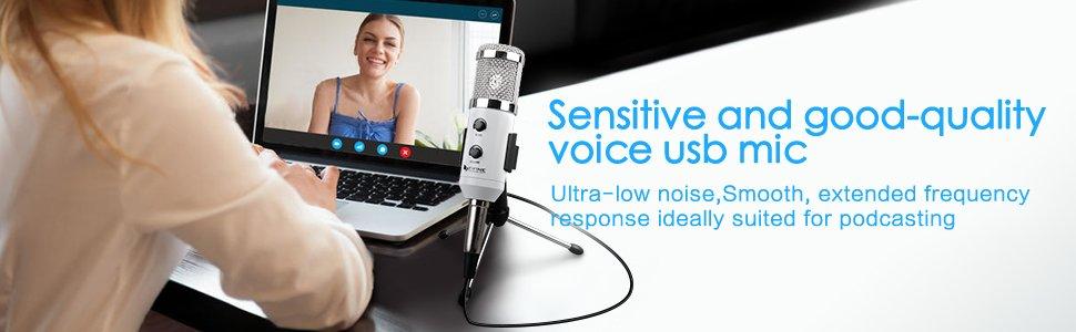 USB Microphone designed for PC and computer use, featuring a sleek tabletop design and a uni-directional condenser for high-quality audio recording.