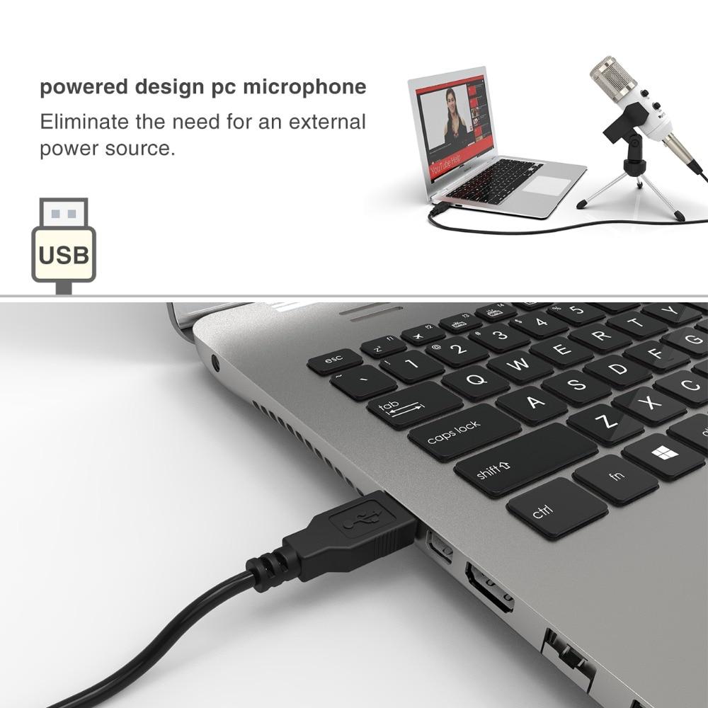 USB Microphone designed for PC and computer use, featuring a sleek tabletop design and a uni-directional condenser for high-quality audio recording.