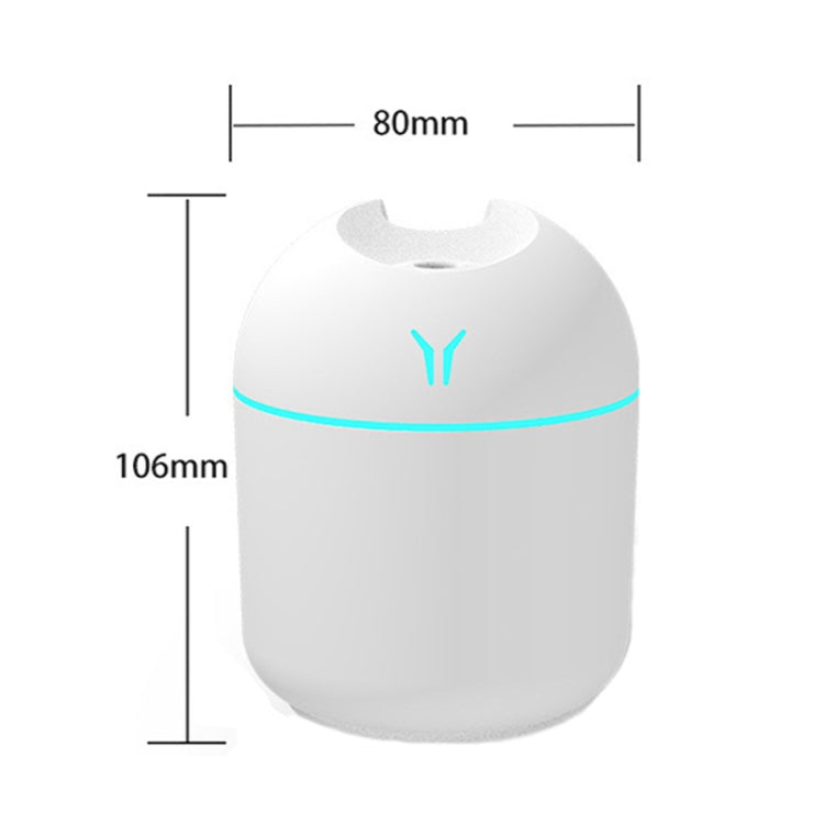 USB Mini Desktop Colorful Night Light Car Humidifier with a 250ml water tank, showcasing its compact design and colorful ambient light.