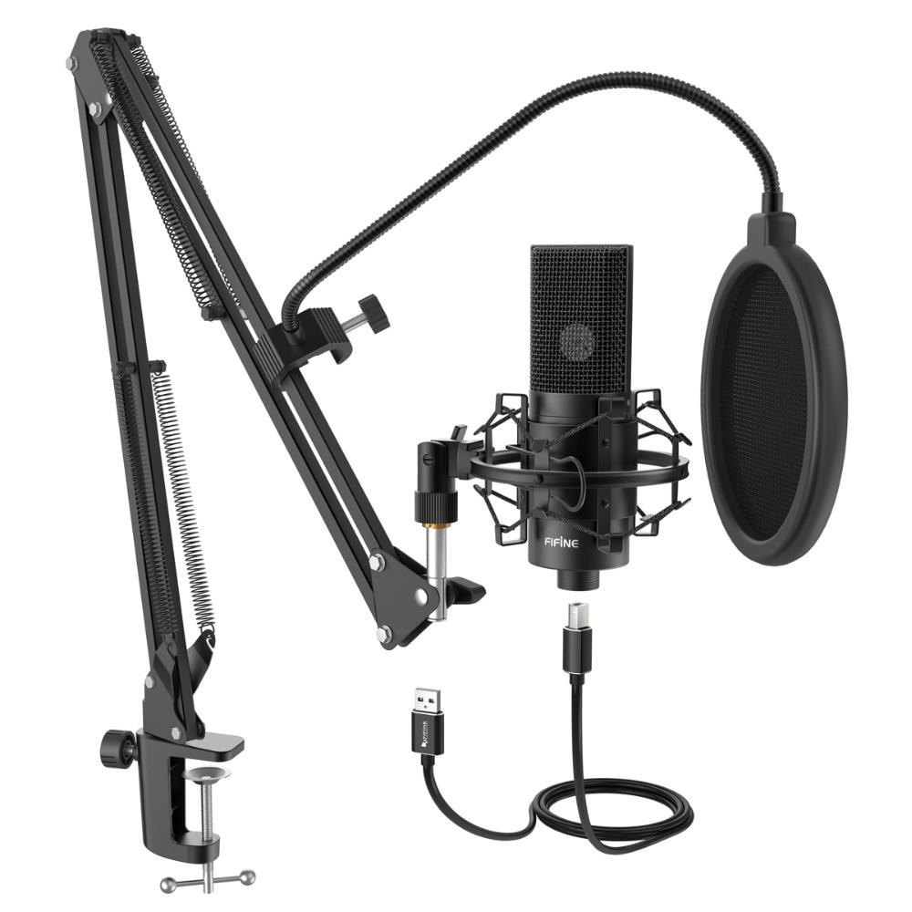 USB PC Condenser Microphone with adjustable desktop mic arm and shock mount, designed for studio recording and streaming.