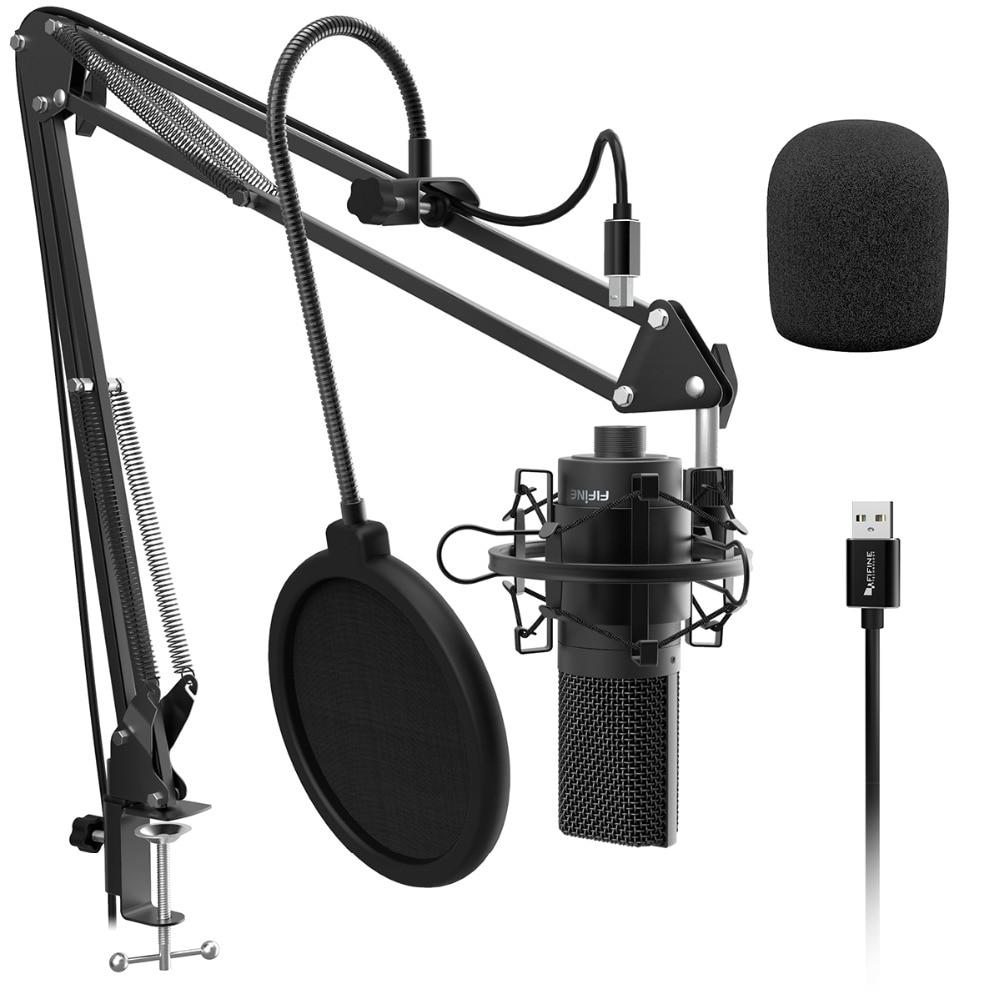 USB PC Condenser Microphone with adjustable desktop mic arm and shock mount, designed for studio recording and streaming.