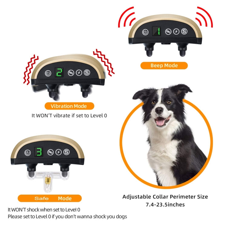 USB Rechargeable Waterproof Dog Bark Collar with adjustable sensitivity and ultrasonic technology, suitable for all dog sizes.