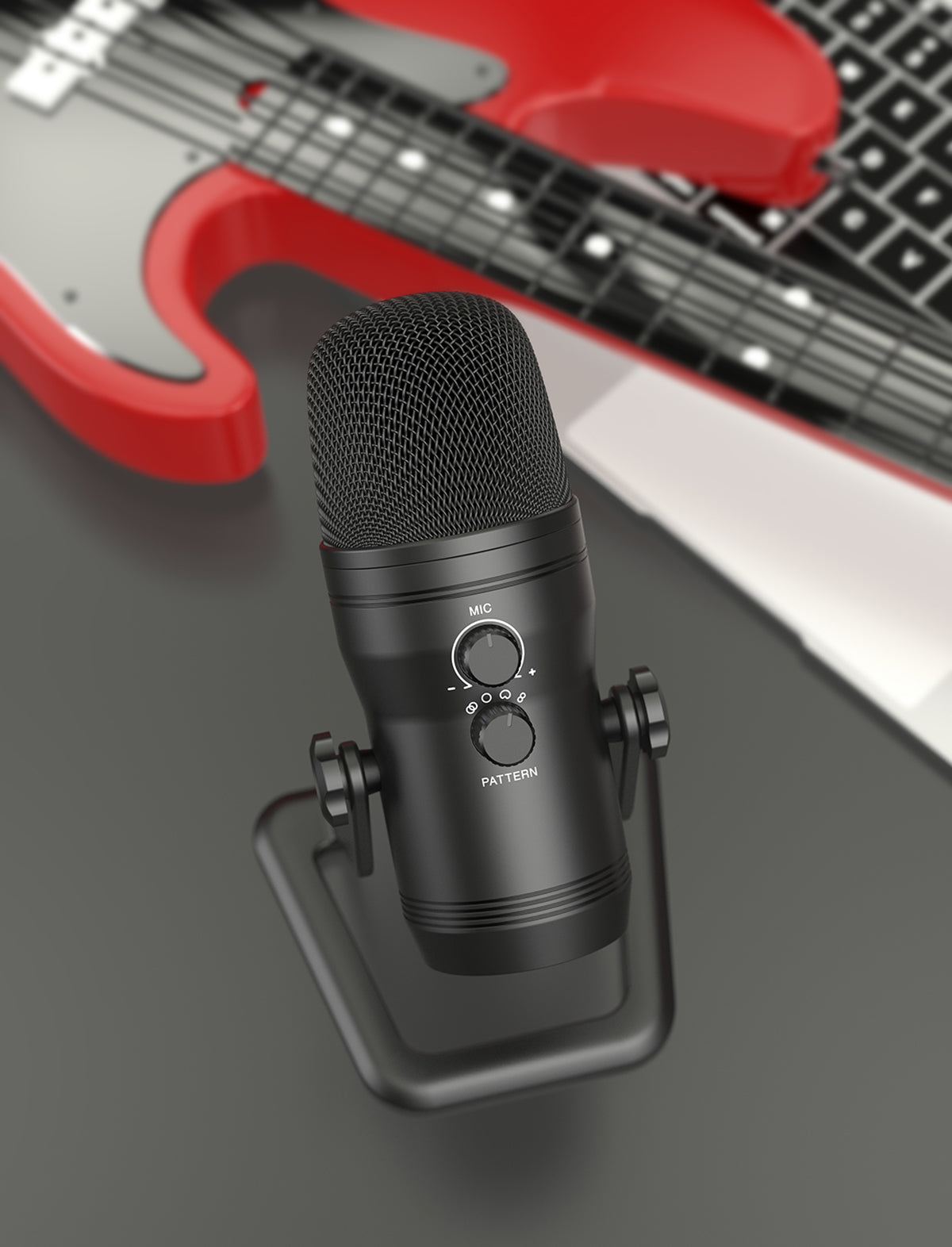 USB Recording Microphone designed for podcasts and gaming, featuring four pickup patterns and a sleek tabletop design.