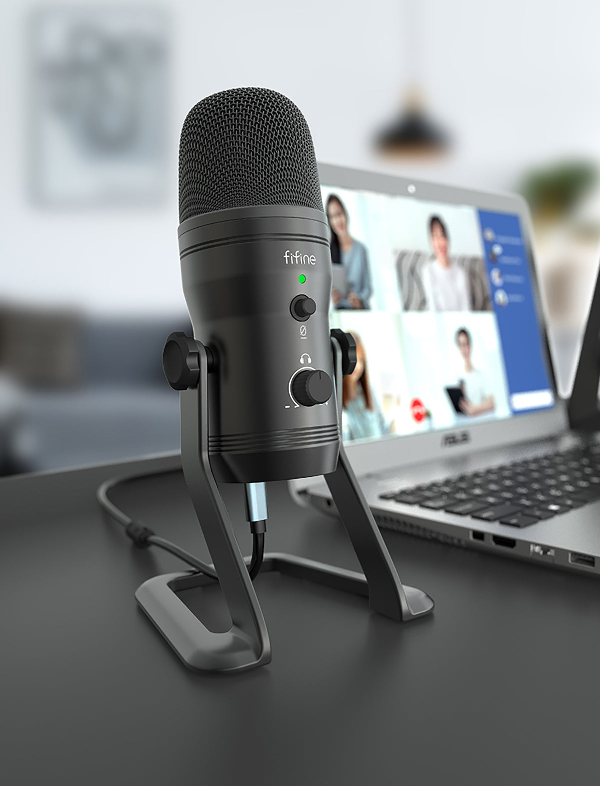 USB Recording Microphone designed for podcasts and gaming, featuring four pickup patterns and a sleek tabletop design.