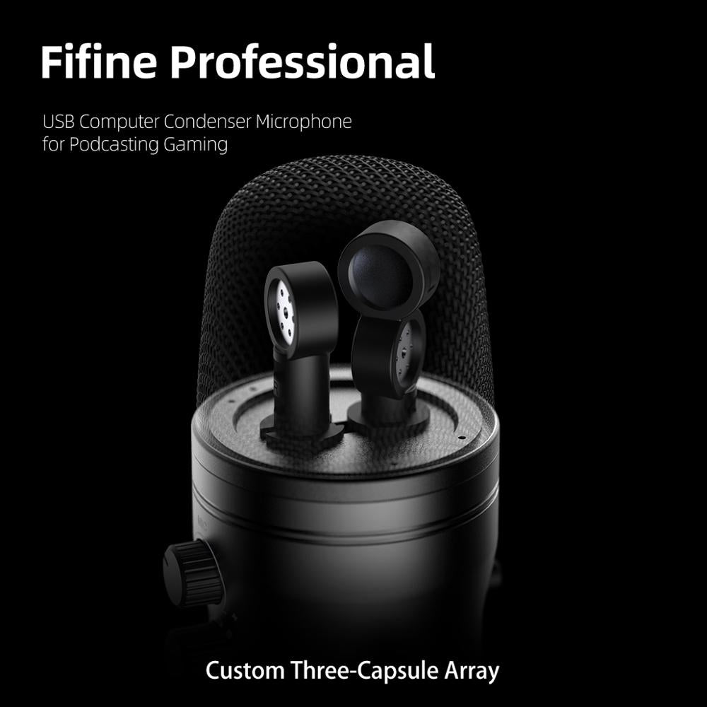 USB Recording Microphone designed for podcasts and gaming, featuring four pickup patterns and a sleek tabletop design.