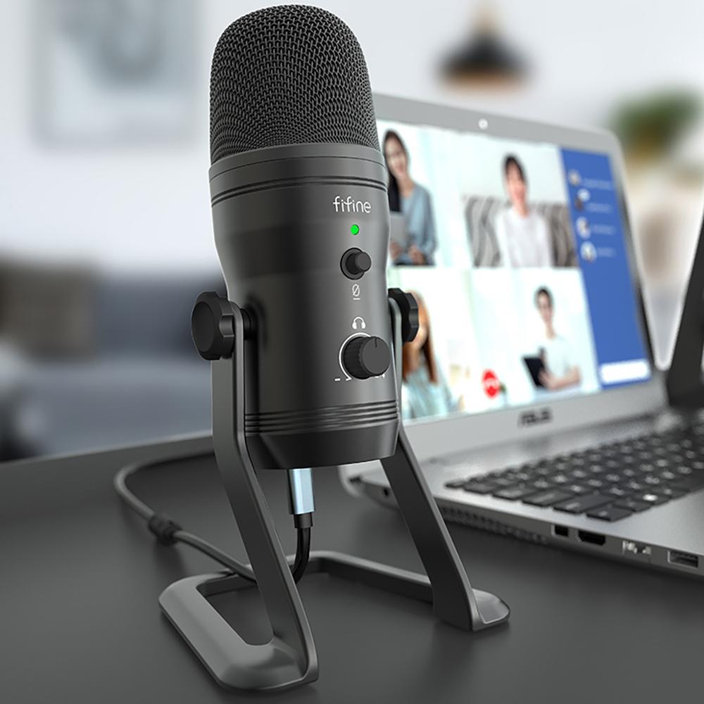 USB Recording Microphone designed for podcasts and gaming, featuring four pickup patterns and a sleek tabletop design.