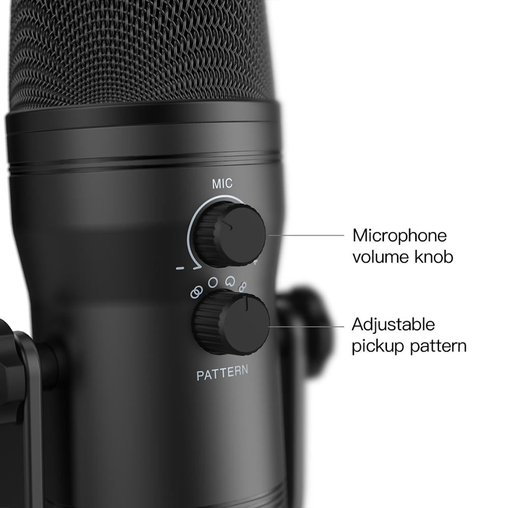USB Recording Microphone designed for podcasts and gaming, featuring four pickup patterns and a sleek tabletop design.