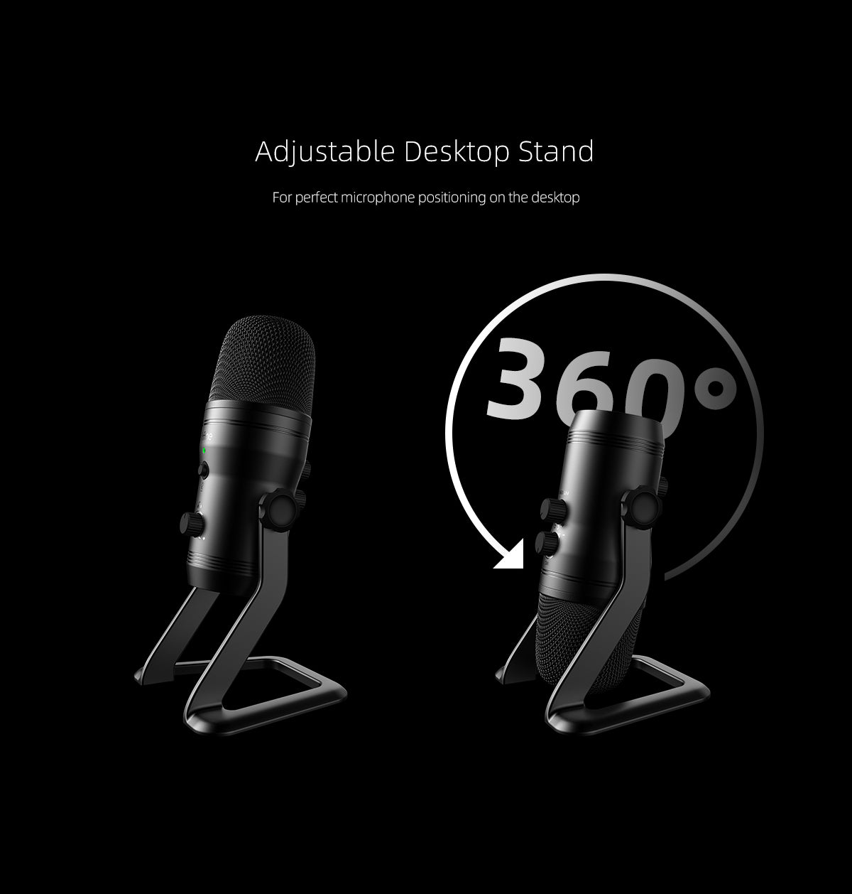 USB Recording Microphone designed for podcasts and gaming, featuring four pickup patterns and a sleek tabletop design.