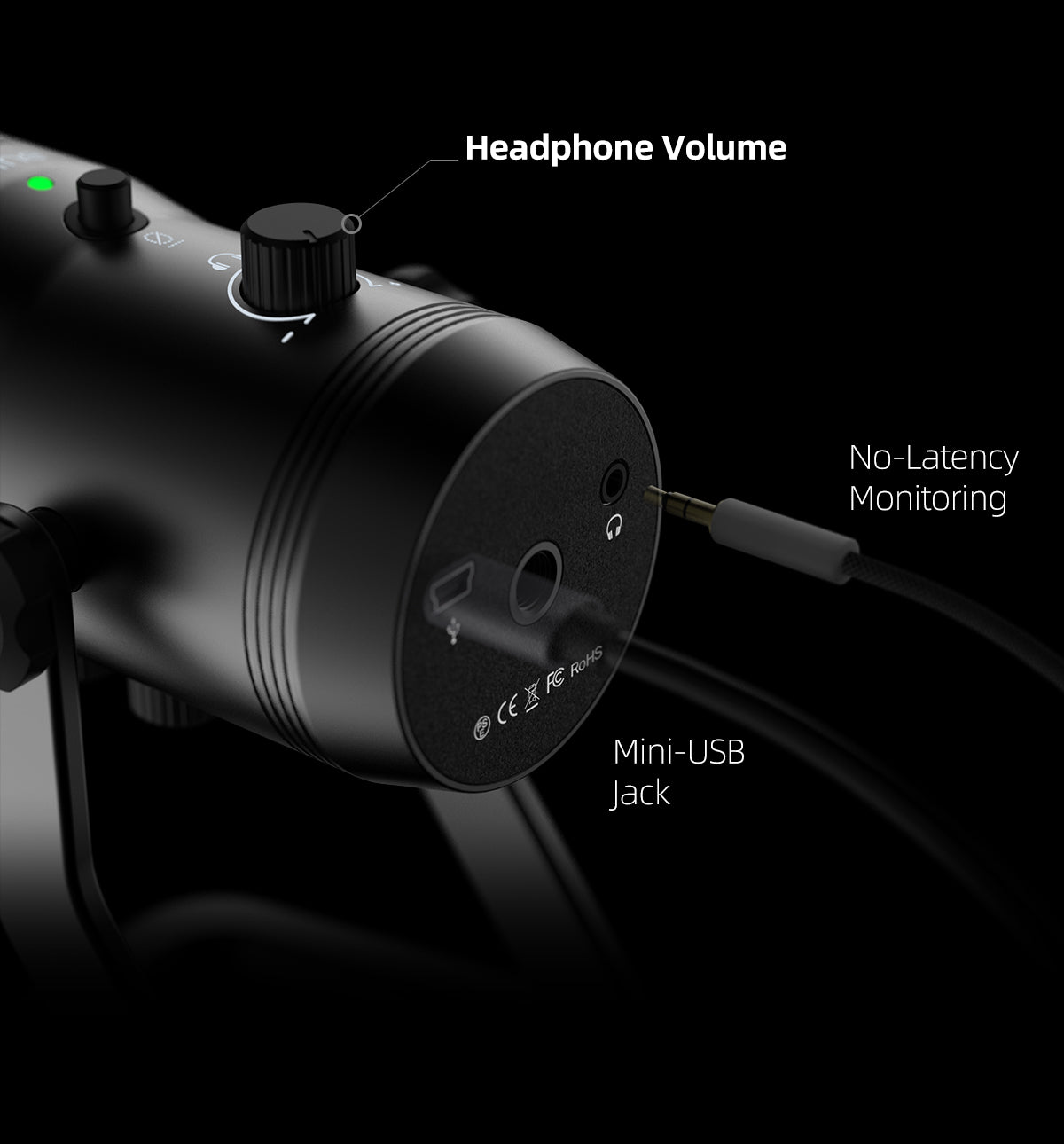 USB Recording Microphone designed for podcasts and gaming, featuring four pickup patterns and a sleek tabletop design.