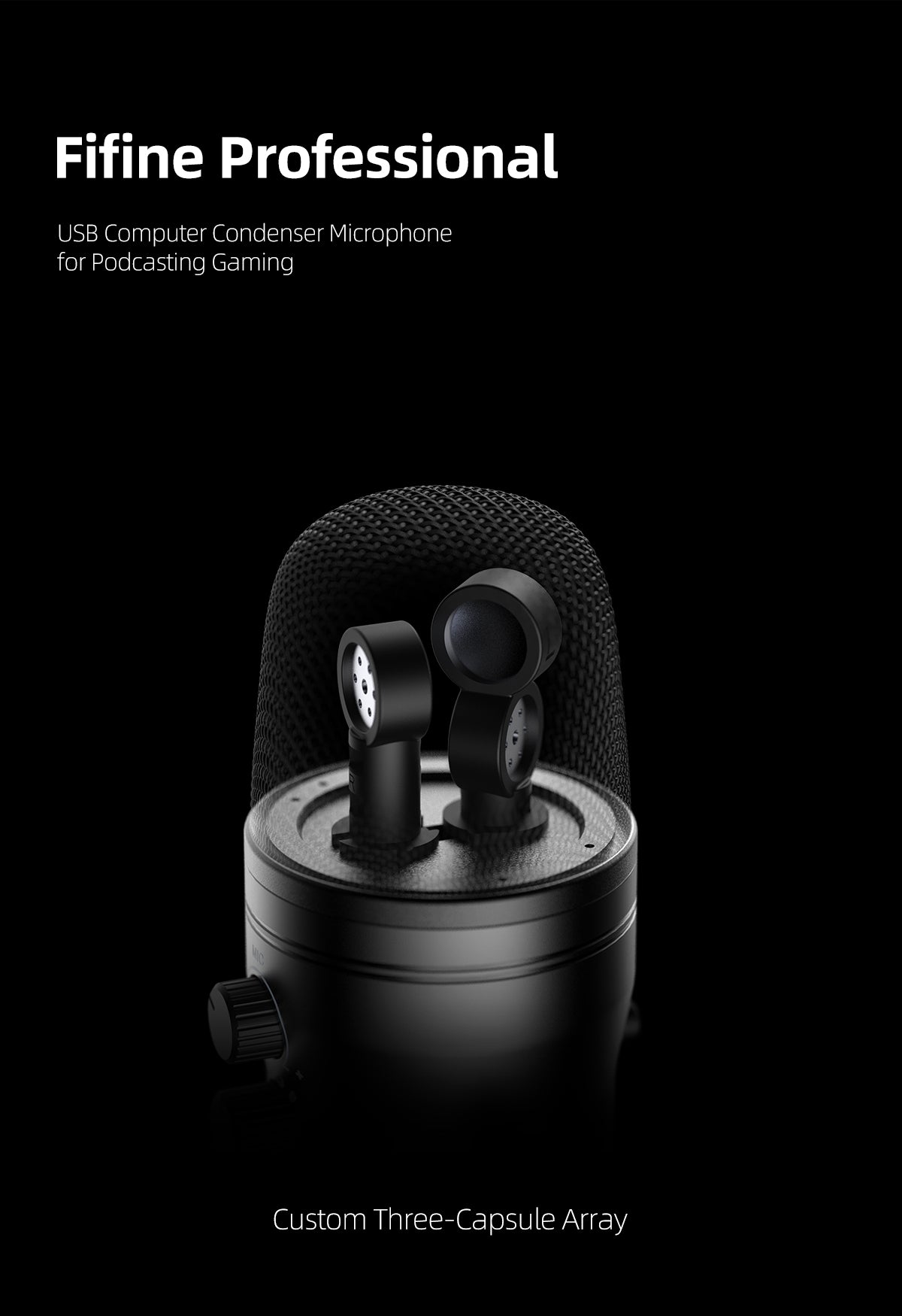 USB Recording Microphone designed for podcasts and gaming, featuring four pickup patterns and a sleek tabletop design.