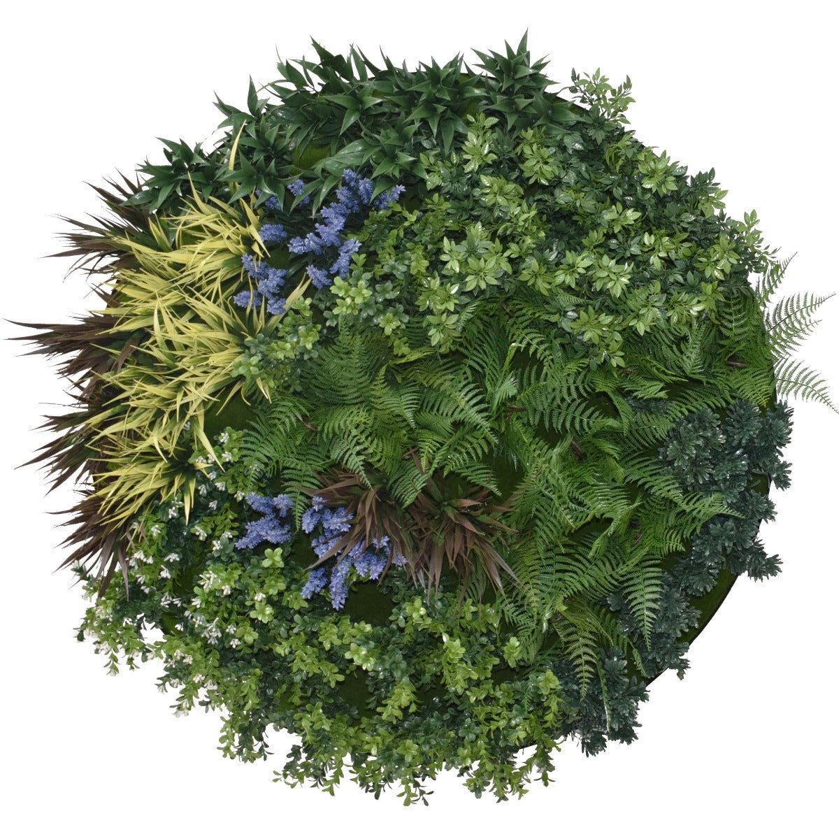 A vibrant UV Lavender Fields Green Wall Disc, 100cm in diameter, featuring hand-assembled artificial foliage on a painted black metal disc.
