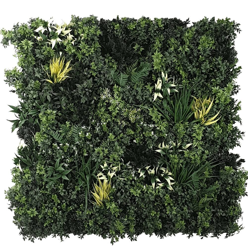 UV Stabilized Green Forest Select Range Vertical Garden, featuring a variety of realistic artificial plants in a 100cm x 100cm panel.