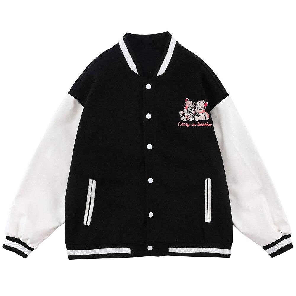 Men's varsity jacket featuring bear embroidery and patchwork design, perfect for autumn and winter wear.
