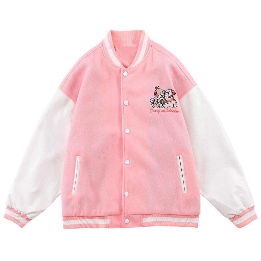 Men's varsity jacket featuring bear embroidery and patchwork design, perfect for autumn and winter wear.