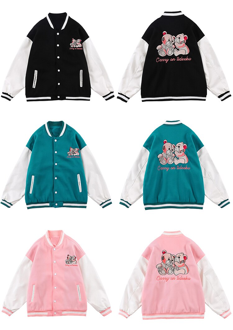 Men's varsity jacket featuring bear embroidery and patchwork design, perfect for autumn and winter wear.