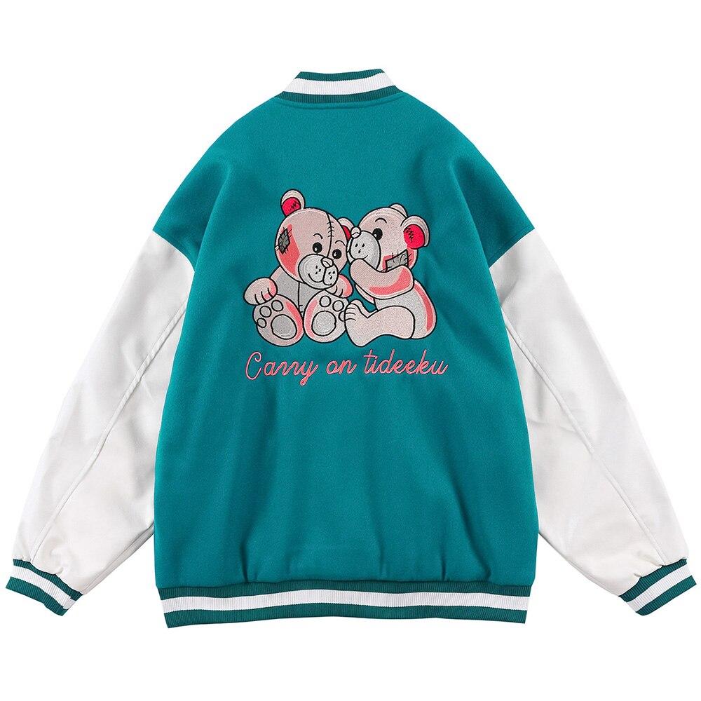 Men's varsity jacket featuring bear embroidery and patchwork design, perfect for autumn and winter wear.