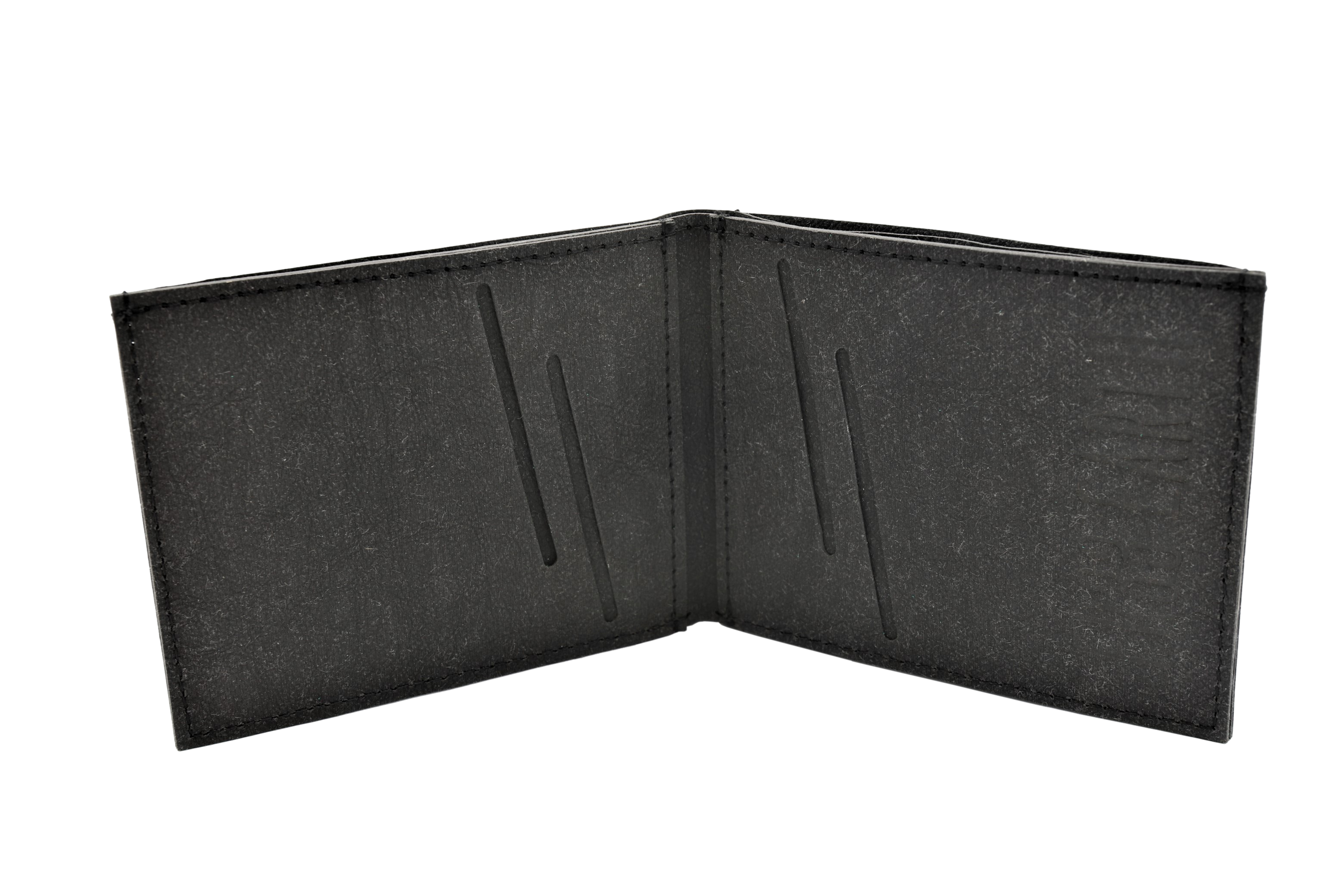 Vegan Wallet in Stone Black made from durable German Kraft Paper, featuring a slim design with card slots and a secret coin pouch.