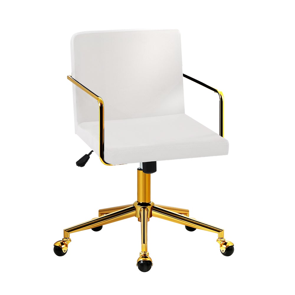 Caraway Velvet Office Chair with metallic brass base and armrests, featuring luxurious white upholstery and smooth ball-shaped castors.
