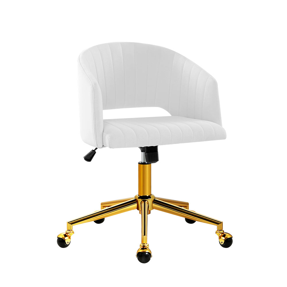 Monroe Velvet Office Chair featuring white velvet upholstery and vintage metallic brass base, ideal for home or office use.