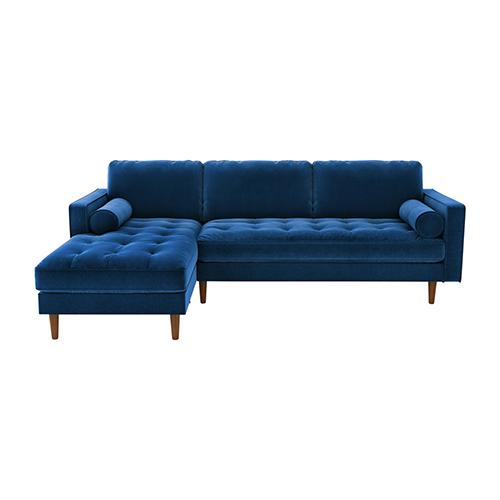 Luxurious blue velvet upholstery 2 seater tufted sofa with chaise lounge and decorative pillows, showcasing elegant design and plush cushioning.