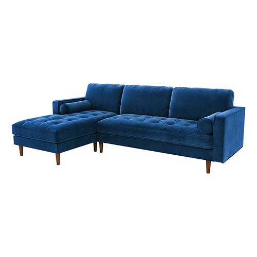 Luxurious blue velvet upholstery 2 seater tufted sofa with chaise lounge and decorative pillows, showcasing elegant design and plush cushioning.