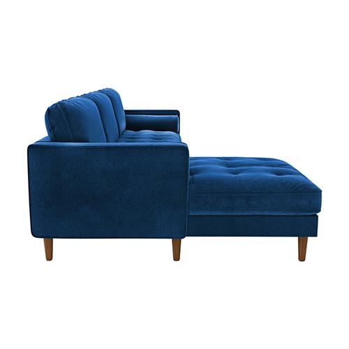 Luxurious blue velvet upholstery 2 seater tufted sofa with chaise lounge and decorative pillows, showcasing elegant design and plush cushioning.