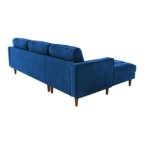 Luxurious blue velvet upholstery 2 seater tufted sofa with chaise lounge and decorative pillows, showcasing elegant design and plush cushioning.