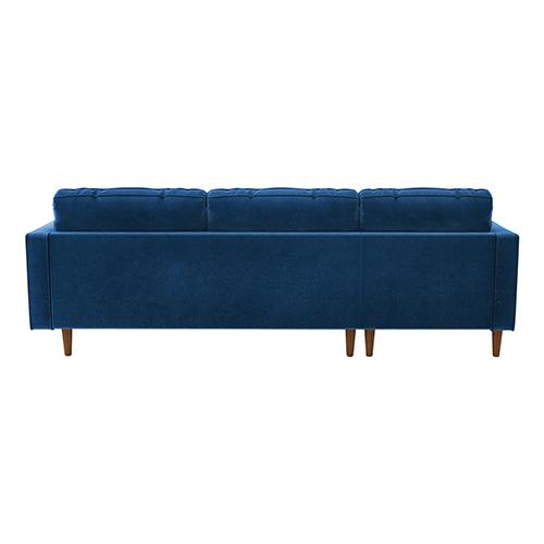 Luxurious blue velvet upholstery 2 seater tufted sofa with chaise lounge and decorative pillows, showcasing elegant design and plush cushioning.