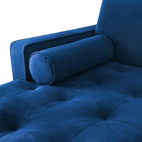 Luxurious blue velvet upholstery 2 seater tufted sofa with chaise lounge and decorative pillows, showcasing elegant design and plush cushioning.