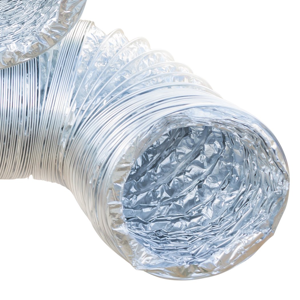Flexible aluminum foil ventilation ducting exhaust hose for air conditioning and heating systems, showcasing its durable construction and adjustable length.