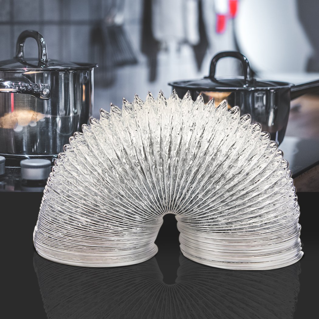 Flexible aluminum foil ventilation ducting exhaust hose for air conditioning and heating systems, showcasing its durable construction and adjustable length.