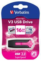 VERBATIM 16GB V3 USB3.0 Pink Store'n'Go V3 with retractable design, showcasing its vibrant color and compact size.