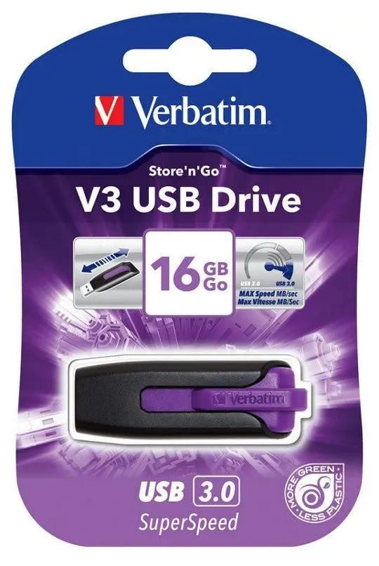 VERBATIM 16GB V3 USB3.0 Violet Store'n'Go V3 with retractable design, showcasing its sleek and compact form.