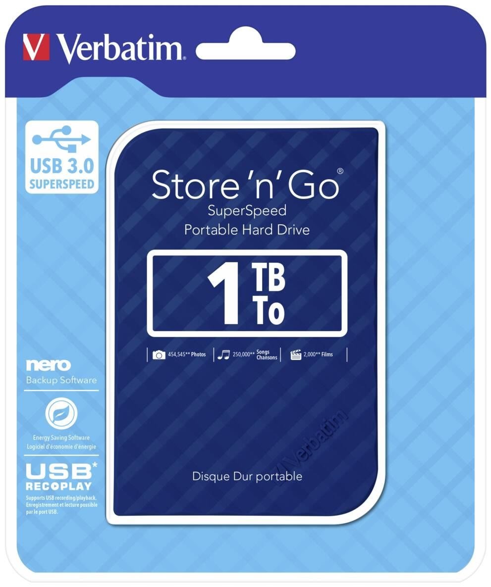 Verbatim 1TB 2.5' USB 3.0 external hard drive in blue grid design, showcasing its compact size and stylish appearance.