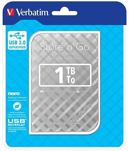 Verbatim 1TB 2.5' USB 3.0 external hard drive in silver with grid design.