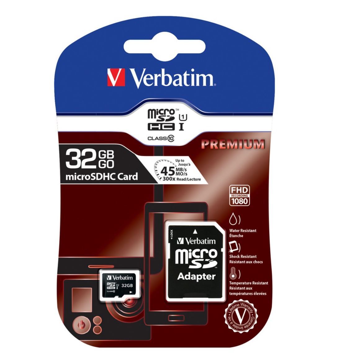 VERBATIM 32GB MicroSD SDHC SDXC Class10 UHS-I Memory Card with SD adapter, showcasing its compact design and storage capacity.