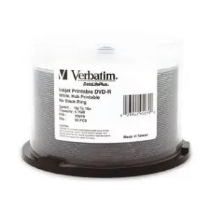 VERBATIM DVD-R 4.7GB 50Pk featuring white surface for inkjet printing, ideal for custom designs.