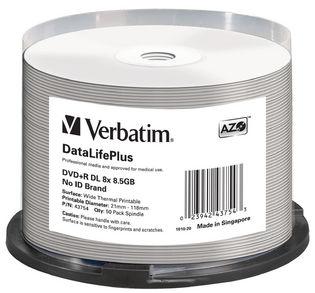 Verbatim DVD+R Double Layer 8.5GB discs in a 50 pack spindle, featuring a wide thermal printable surface for customization.