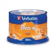 Verbatim DVD-R 4.7GB 16x 50Pk in a white spindle, showcasing glossy finish and wide thermal surface for labeling.