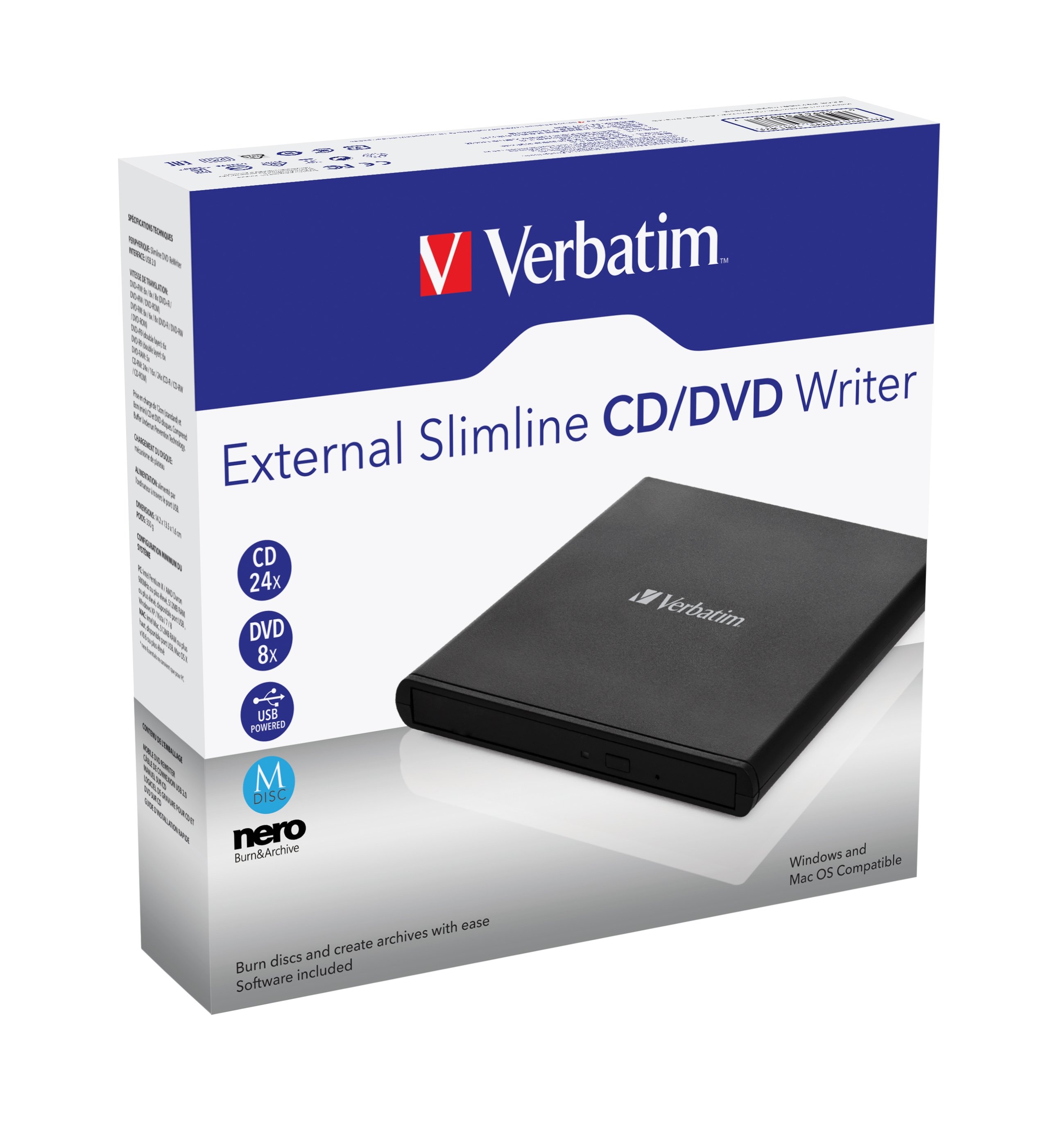 Verbatim External Slimline Mobile CD/DVD Writer in black, showcasing its sleek design and USB 2.0 port.