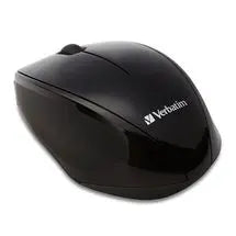 Verbatim MultiTrac Black Mouse with Blue LED technology, showcasing its ergonomic design and compact nano receiver.