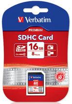 VERBATIM SDHC 16GB memory card with Class 10 speed rating and 300X read speed, ideal for digital cameras and camcorders.